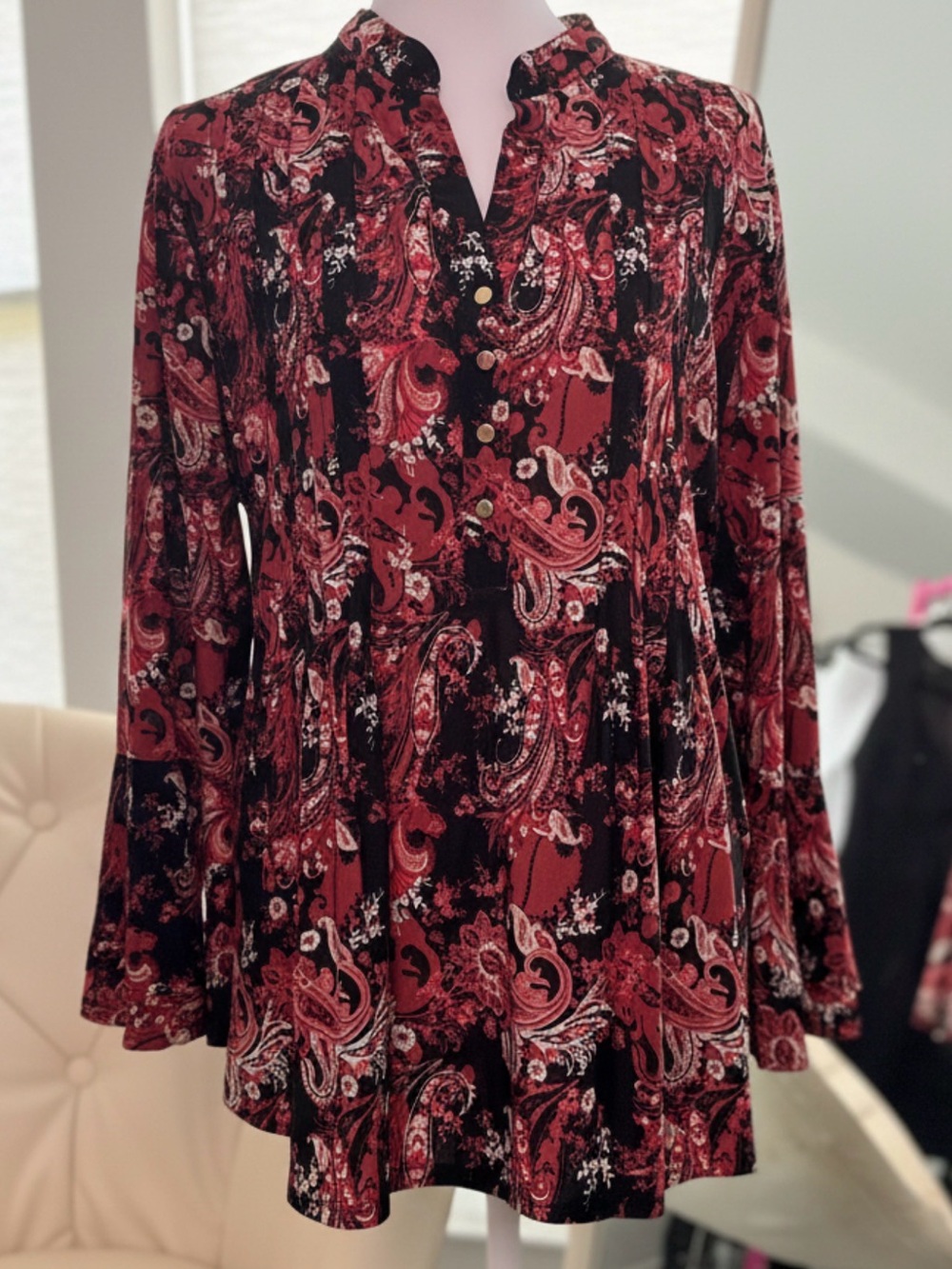 Paisley Print Long Sleeve Tunic Dress in Burgundy and Black